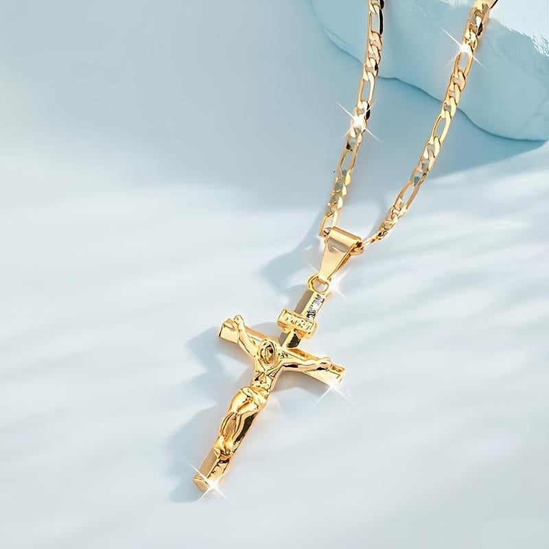 ✝️ 50% OFF NOW! ✨ Gold Crucifix Necklace – Detailed INRI Motif. Adjustable Figaro Chain & Hypoallergenic Finish 💛