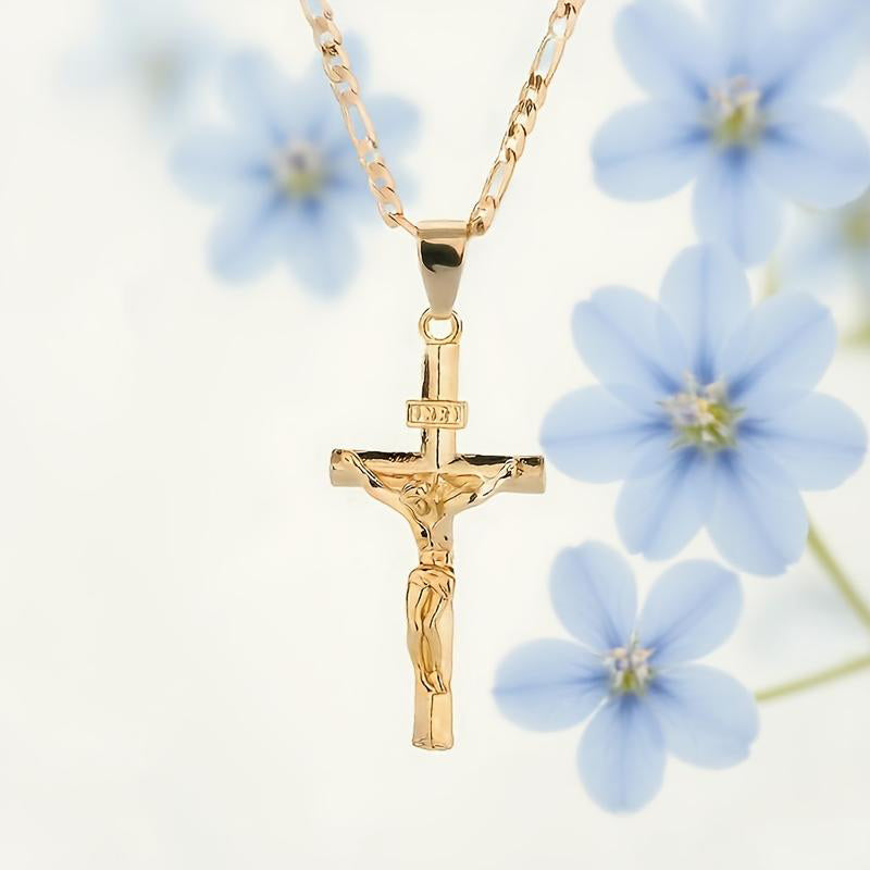 ✝️ 50% OFF NOW! ✨ Gold Crucifix Necklace – Detailed INRI Motif. Adjustable Figaro Chain & Hypoallergenic Finish 💛
