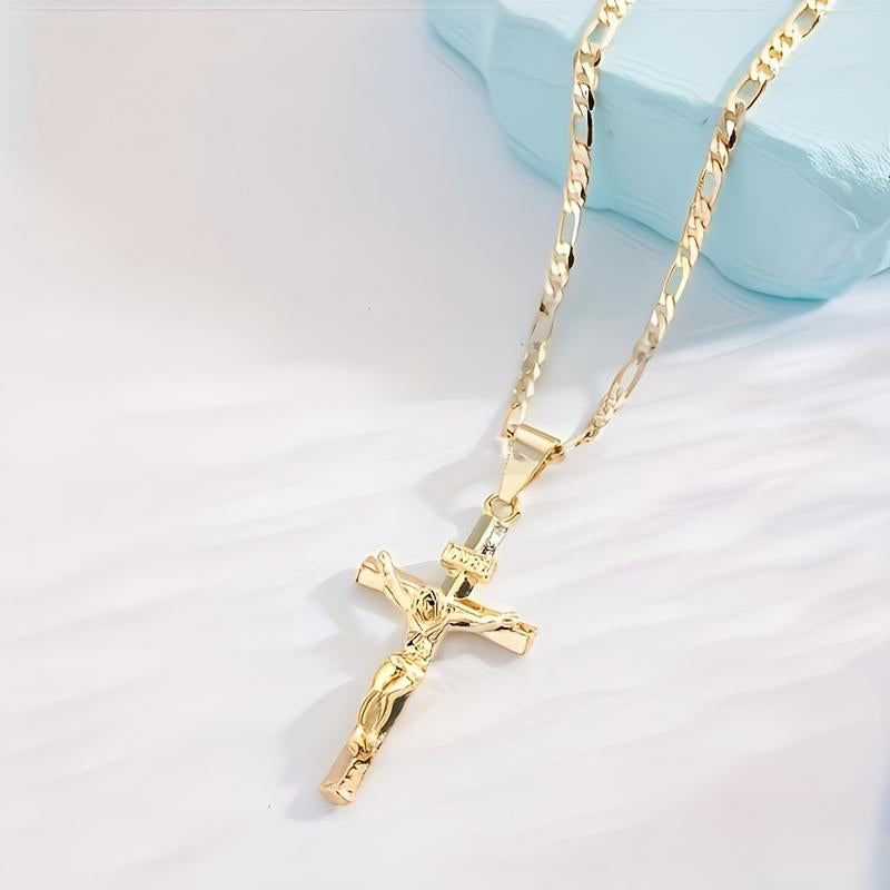 ✝️ 50% OFF NOW! ✨ Gold Crucifix Necklace – Detailed INRI Motif. Adjustable Figaro Chain & Hypoallergenic Finish 💛