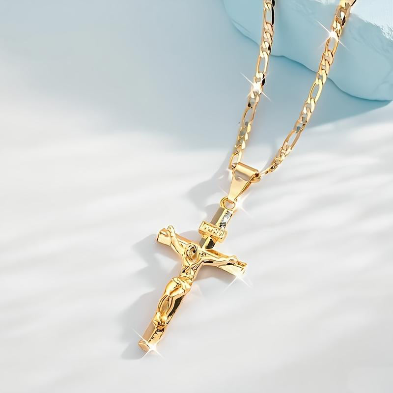 ✝️ 50% OFF NOW! ✨ Gold Crucifix Necklace – Detailed INRI Motif. Adjustable Figaro Chain & Hypoallergenic Finish 💛