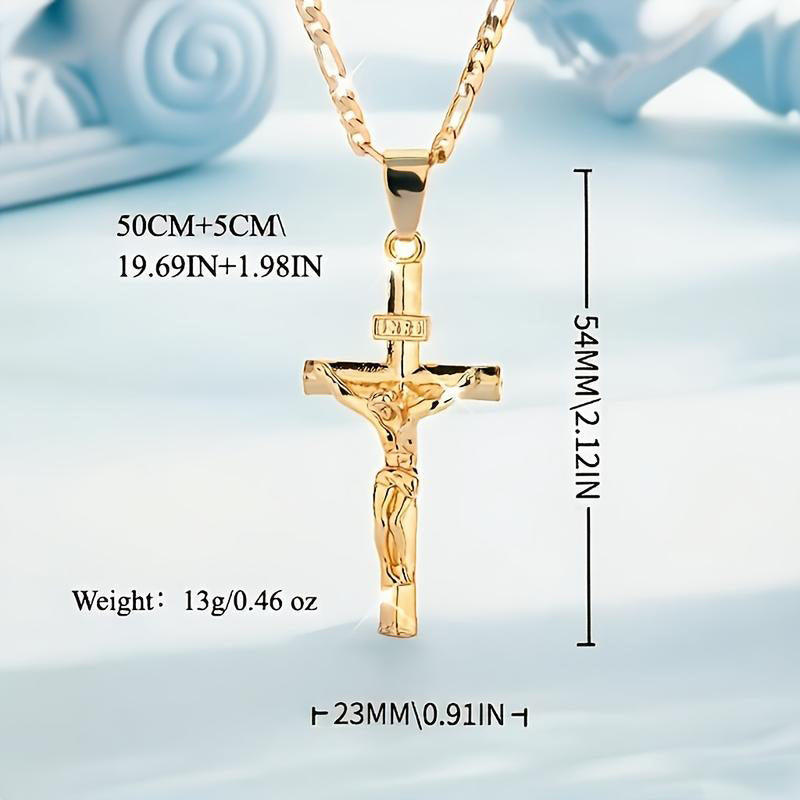 ✝️ 50% OFF NOW! ✨ Gold Crucifix Necklace – Detailed INRI Motif. Adjustable Figaro Chain & Hypoallergenic Finish 💛