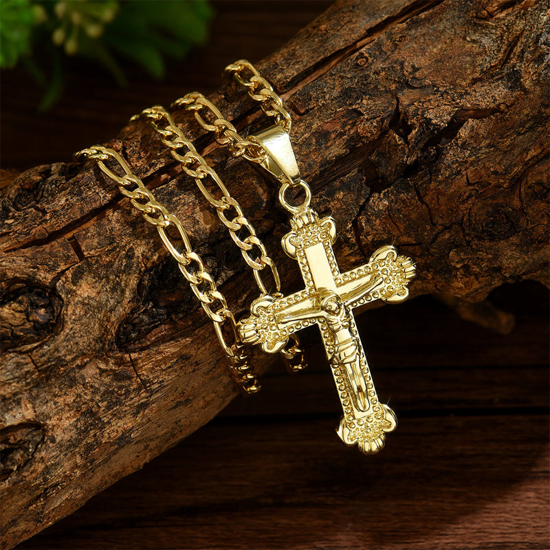 ✝️ 50% OFF NOW! ✨ Gold Crucifix Necklace – Detailed INRI Motif. Adjustable Figaro Chain & Hypoallergenic Finish 💛