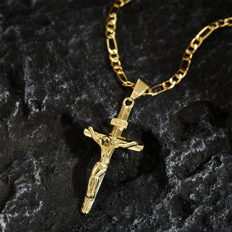 ✝️ 50% OFF NOW! ✨ Gold Crucifix Necklace – Detailed INRI Motif. Adjustable Figaro Chain & Hypoallergenic Finish 💛