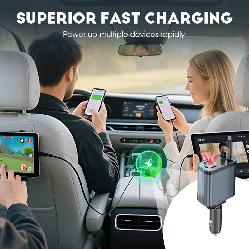 ✨ Ultra-fast 4-in-1 Car Charger 90W – With Retractable Cables & Ambient Starlight 🚗🌌