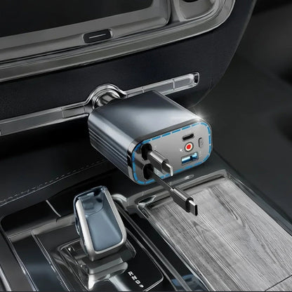✨ Ultra-fast 4-in-1 Car Charger 90W – With Retractable Cables & Ambient Starlight 🚗🌌
