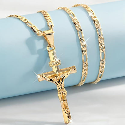 ✝️ 50% OFF NOW! ✨ Gold Crucifix Necklace – Detailed INRI Motif. Adjustable Figaro Chain & Hypoallergenic Finish 💛